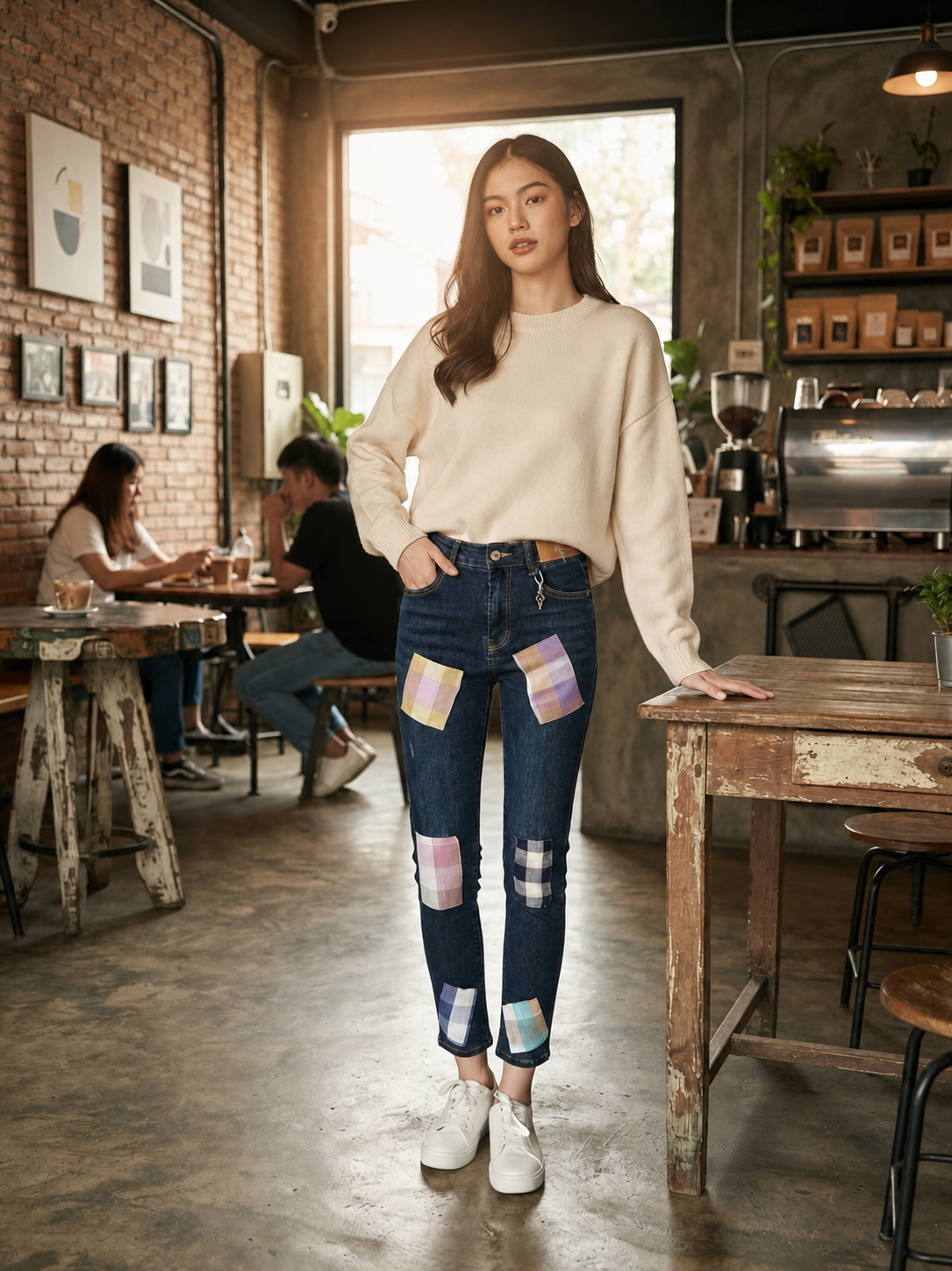 Model wearing contemporary denim detailed with Amnat Charoen handwoven Pha Khao Ma