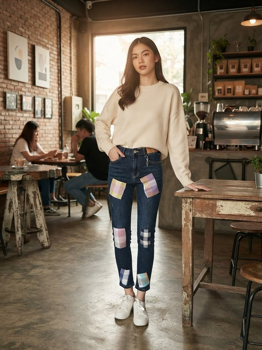 Model wearing slim denim detailed with handwoven pha khao ma