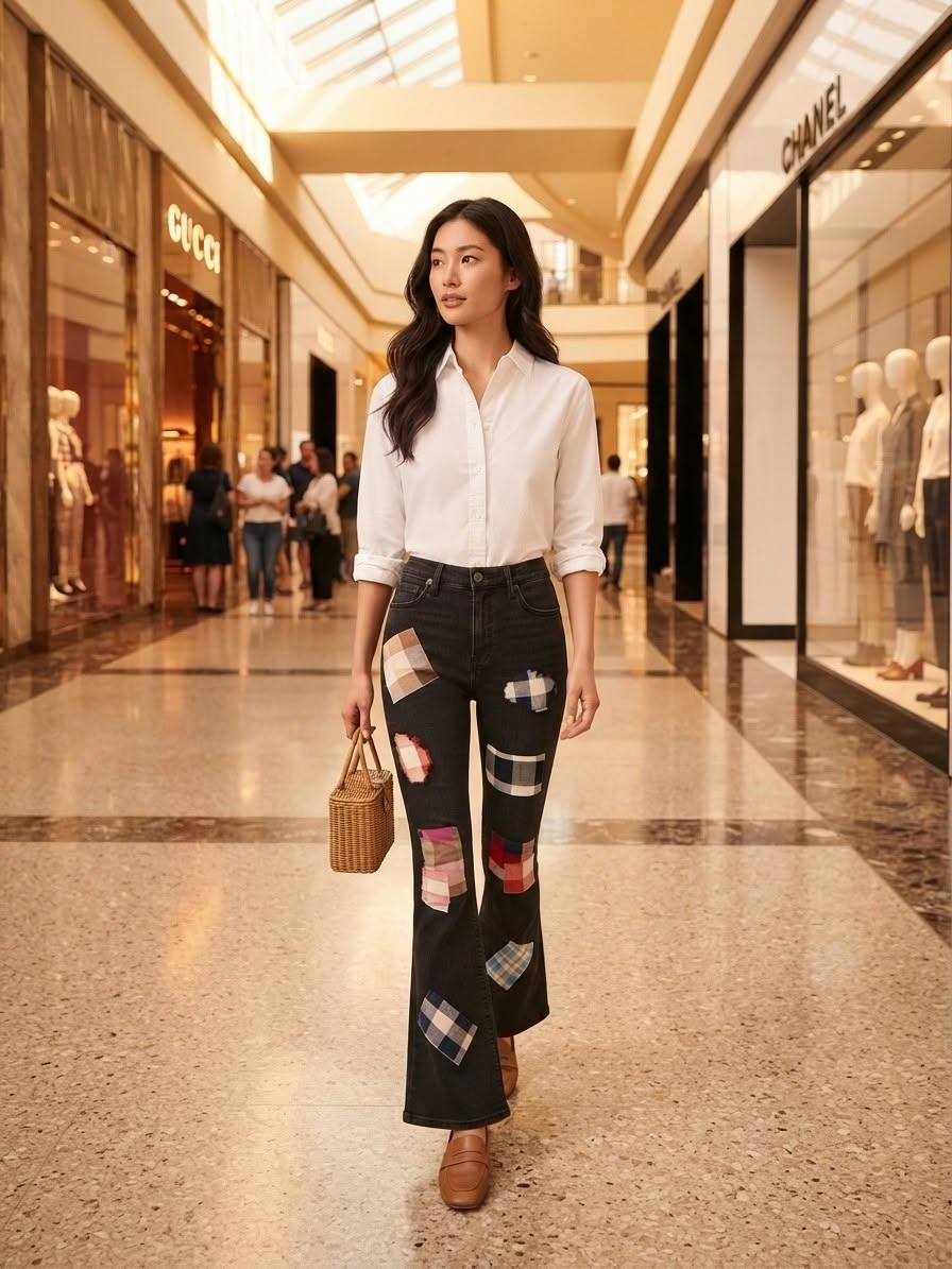 Model wearing black flared denim with woven patch details