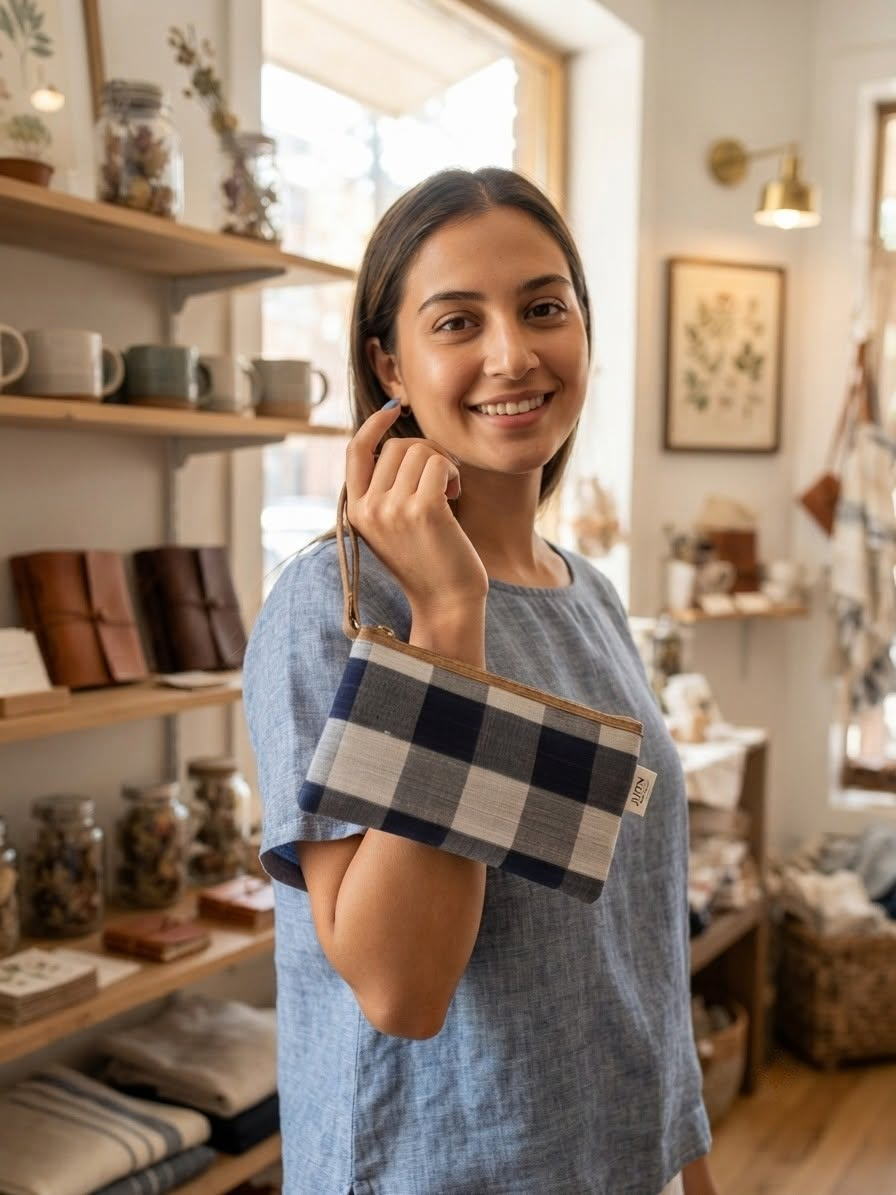 Model carrying a handwoven checked pouch