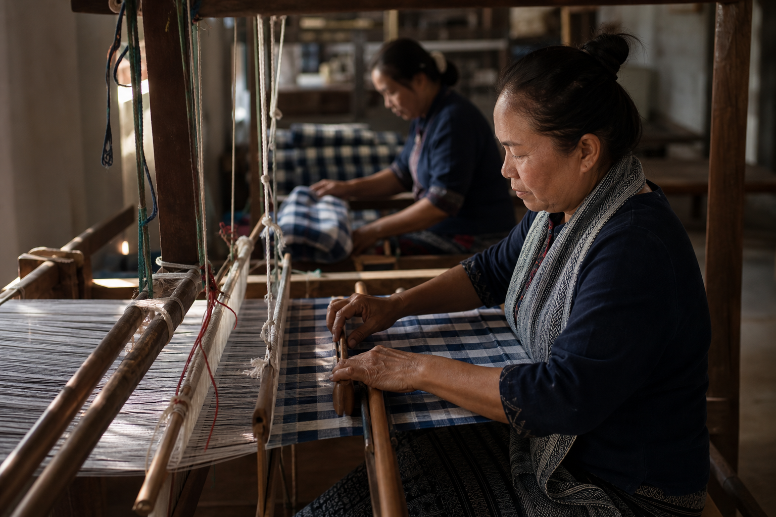 Artisans in Amnat Charoen weaving blue-and-white checked pha khao ma on a traditional wooden loom