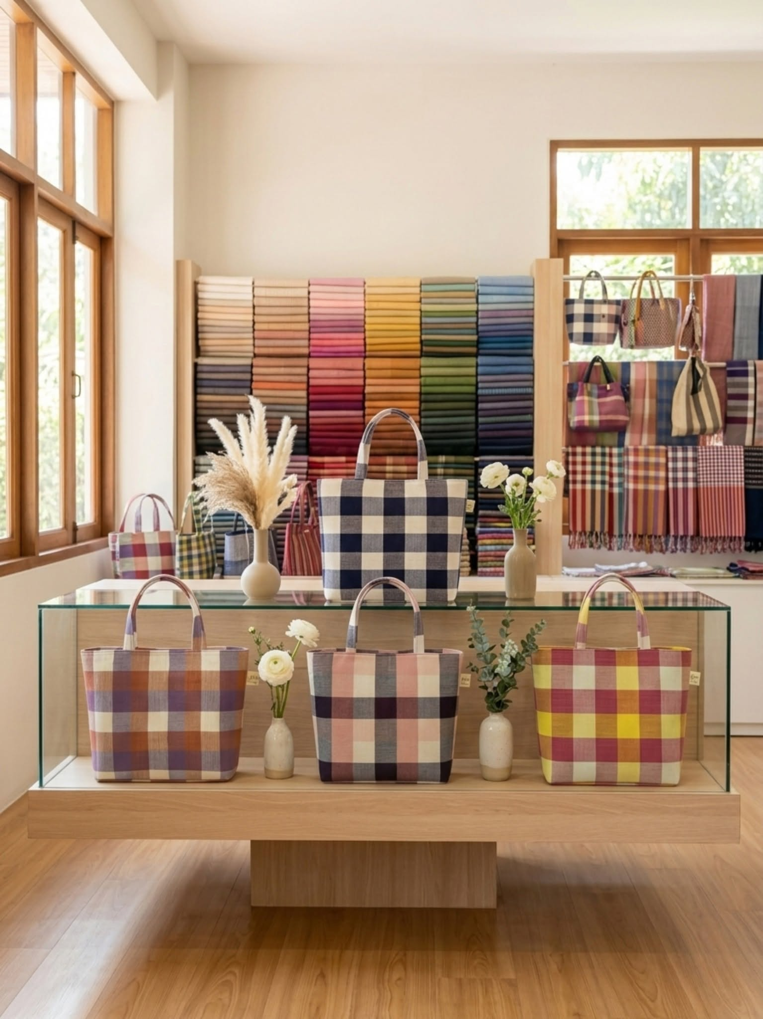 Nuchaba bags and handwoven textiles displayed in the shop