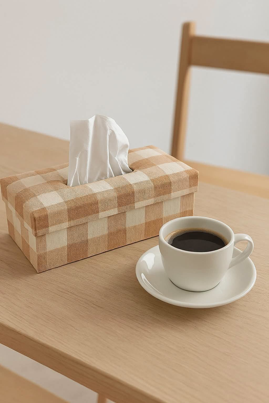 Handwoven Tissue Box in warm sand check on a wooden table